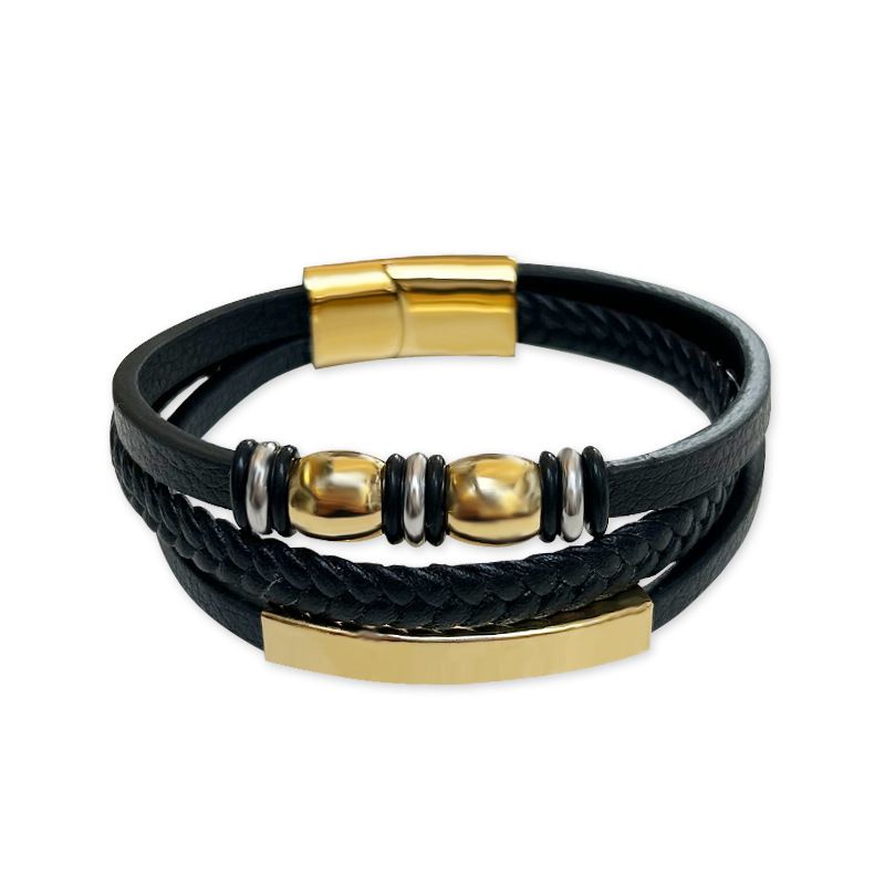 Gioielli personalizzati in stile giapponese e coreano, multistrato per uomo, in titanio, con doppia perlina in oro, in pelle_voghion.com