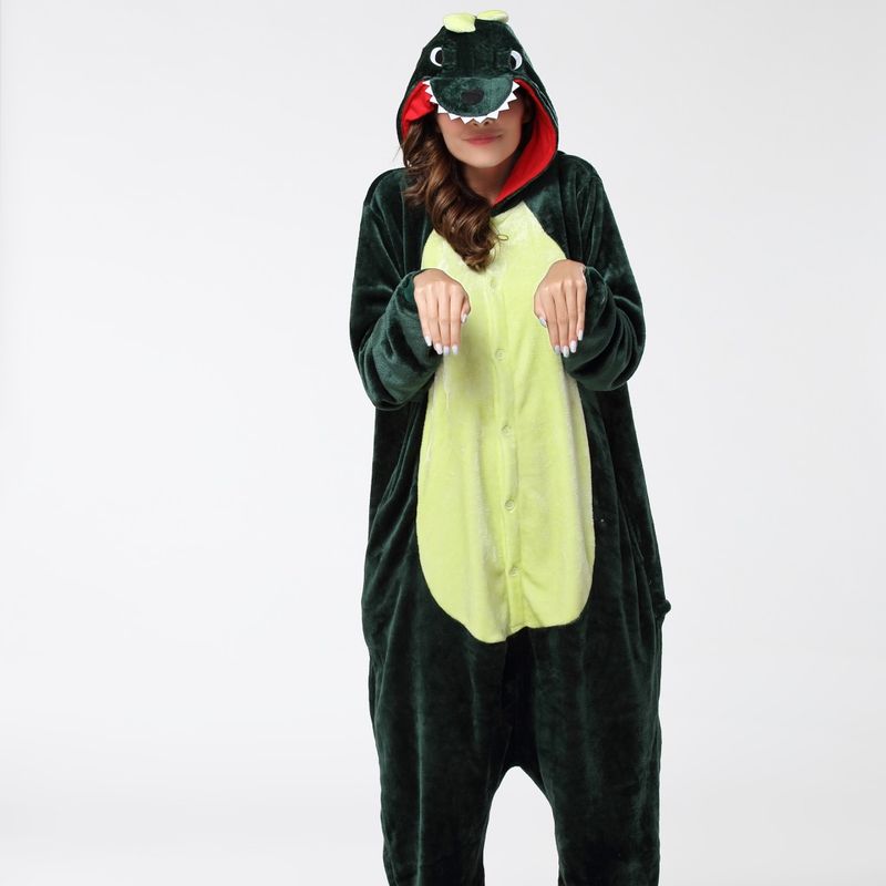 Cross-border home wear Adult Green dinosaur one-piece pajamas men's and women's fall/winter Flannel cute performance wear_voghion.com