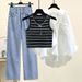 Women's Clothing New Large Size Shirt Top With Striped Vest And Jeans Three Piece Suit_voghion.com
