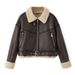 Blouson aviateur en fausse fourrure pour femme - Manteau court streetwear tendance avec col à revers, style gothique, coupe ample, fermeture éclair, marron foncé_voghion.com