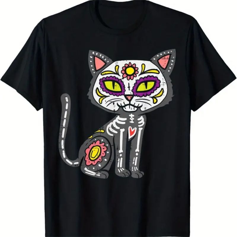 Cukura galvaskausa kaķa Dia De Muertos mirušo meksikāņu T-krekls._voghion.com