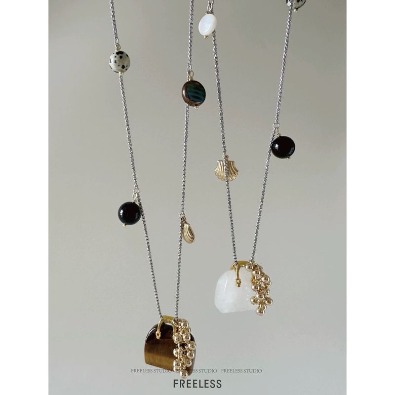 Collana con ciondolo a grappolo d'uva in pietra occhio di tigre e ossidiana in stile blogger coreano, design versatile con catena per maglione_voghion.com