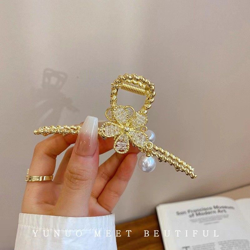 Ancient style retro rhinestone flower grab clip hair clip tide back of the head plate hair shark clip gold hair grab head jewelry hair accessories_voghion.com