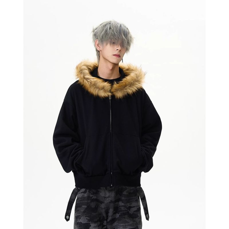 Giacca da uomo con cappuccio e cerniera in stile vintage, con collo in pelliccia, foderata in pile, calda felpa invernale con colletto accogliente (nero, grigio)_voghion.com