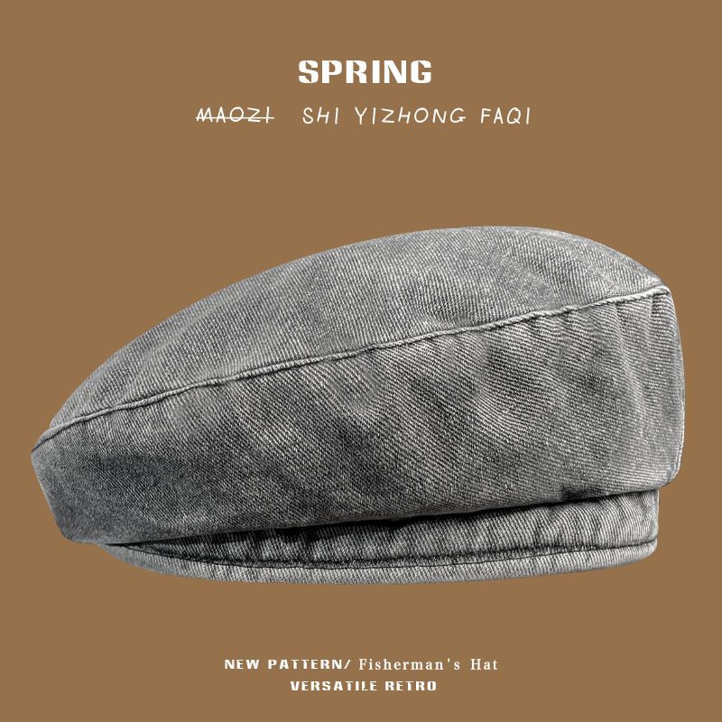 Korean washed grey vintage denim beret for women in spring and autumn, versatile Instagram influencer, flat top,_voghion.com