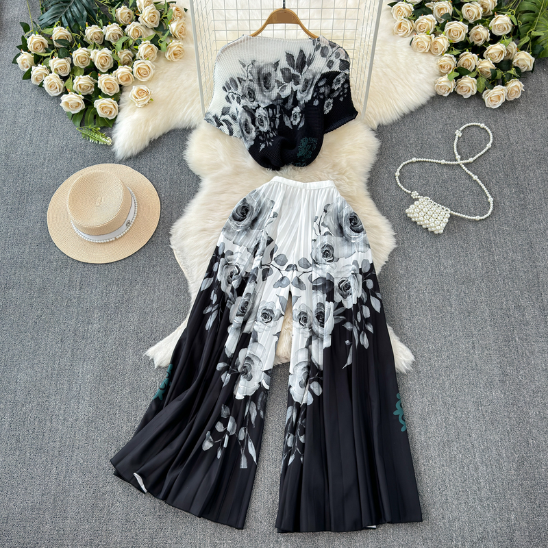 Women's Clothing Suit For Women Heavy Duty Pleated Short Sleeved T Shirt Design Print Loose Wide Leg Pants Two Piece Suit_voghion.com