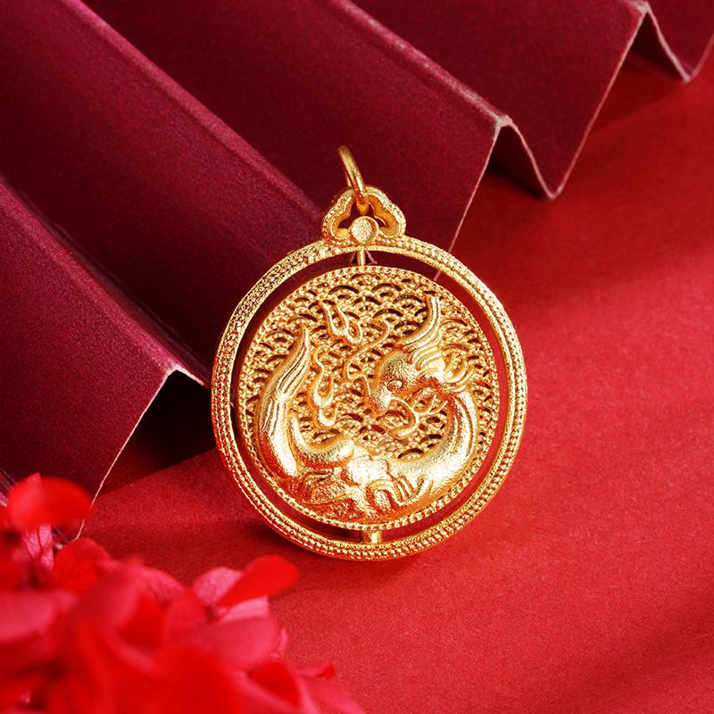 Collana con drago scavato in oro sabbiato, può emozionare il temperamento cinese-chic, moda, accessori per gioielli in stile cinese_voghion.com