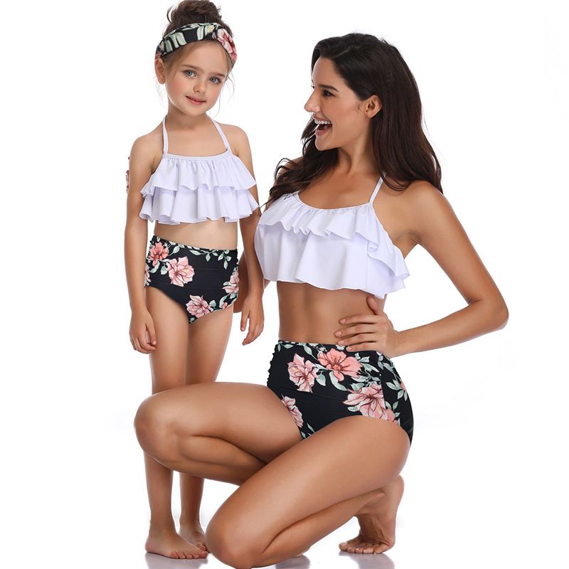 Costum de baie pentru mamă și copii, model familial, bikini cu talie înaltă, model peplum, pentru mamă și fiică_voghion.com