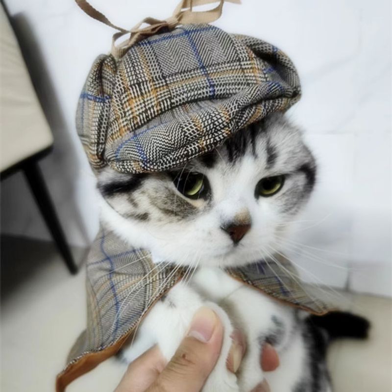 Sherlock Holmes Detektiv-Transformationskostüm für Haustiere, Umhang und Hut-Set für Katzen und Hunde, Halloween-Outfit, lustig, ärmellos_voghion.com