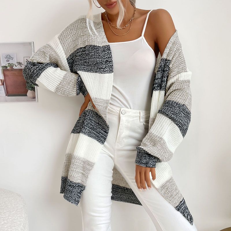 Women's clothing specializes products Middle Eastern women's long buttonless color-blocked sweater jackets_voghion.com