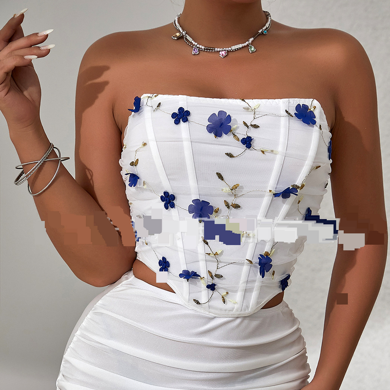 Vêtements pour femmes, mode urbaine, style tendance, style ins, broderie florale, maille arête de poisson, haut tube court_voghion.com