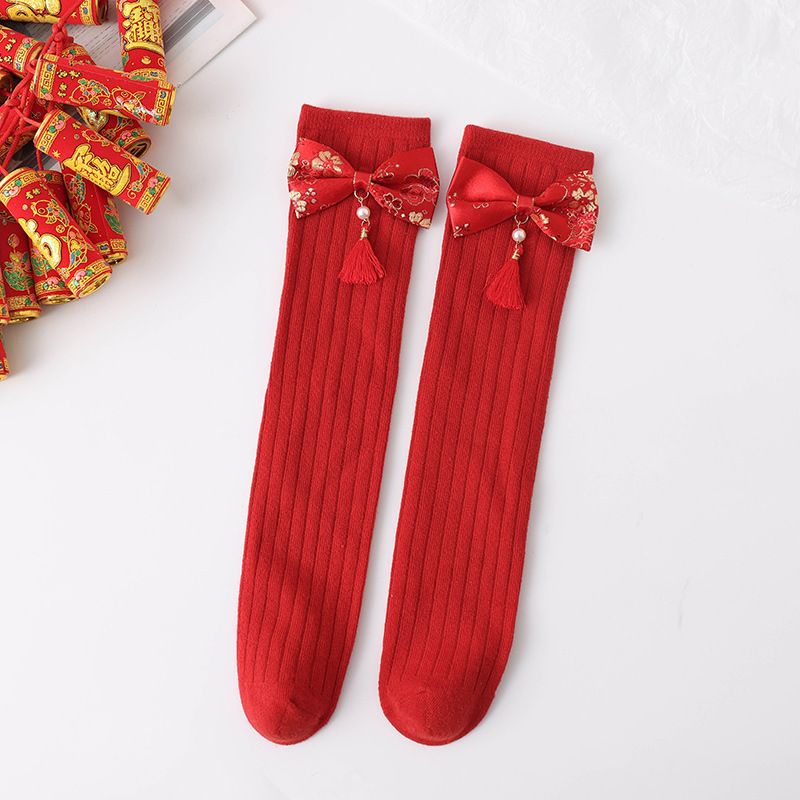 Calzini per bambini autunno e inverno stile rosso festa capodanno carino nappa fiocco tridimensionale calzini polpaccio ragazze comodi calzini di cotone_voghion.com
