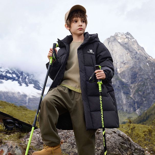 Piumino lungo Premium per bambini - Cappotto caldo in 90% piume d'anatra bianche per bambine e bambini (120-170 cm) - Piumino invernale con cappuccio in rosa/nero/beige_voghion.com