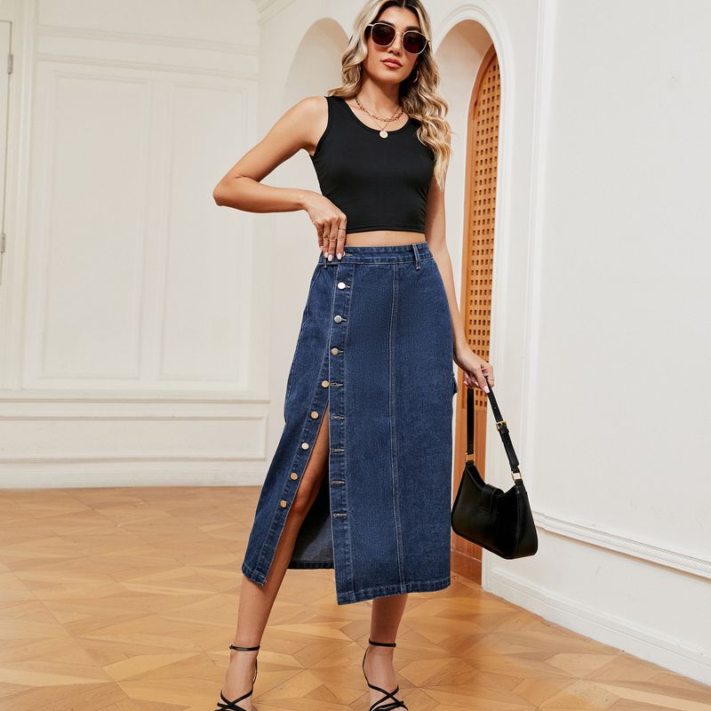 Jupe en jean semi-élastique pour femme, vêtement de travail décontracté, tendance_voghion.com