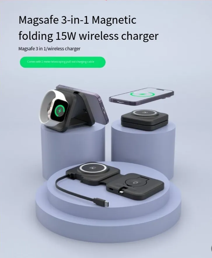 15 W trīs vienā bezvadu lādētājs, pārnēsājams, salokāms ar izvelkamu kabeli Apple magnētiskajam bezvadu lādētājam_voghion.com