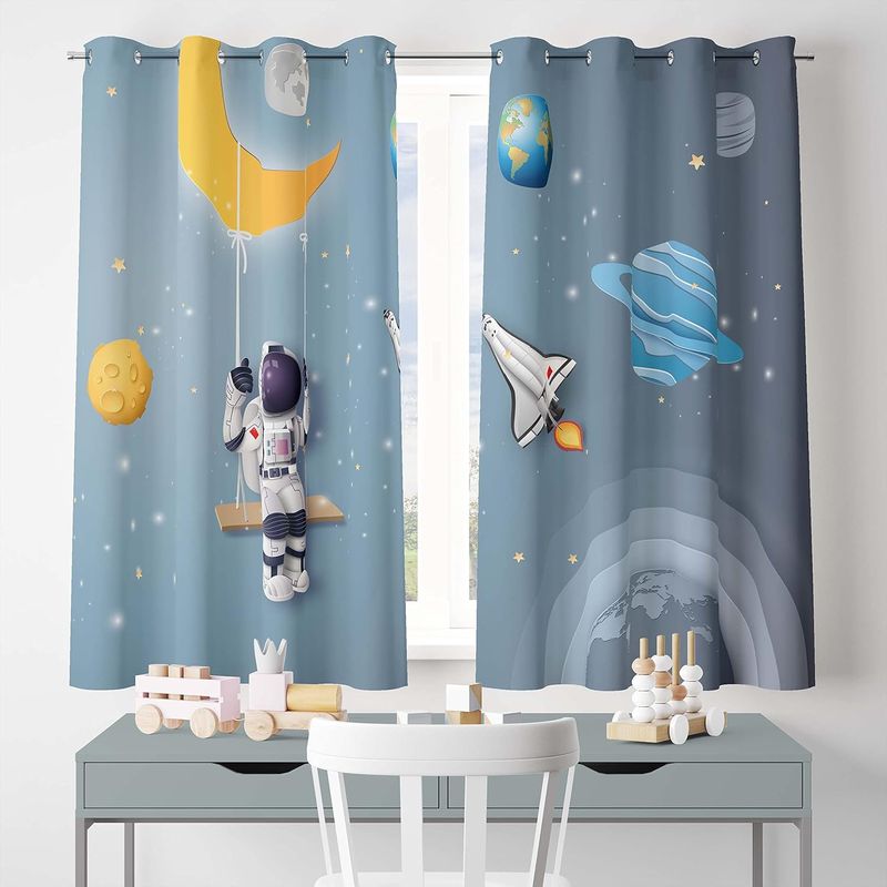 Astronaut Swinging On Moon Blackout Curtains Set Of 2 - Silver Grey Space Themed 3D Curtains For Nursery & Kids Room, Thermal Insulated With Eyelets_voghion.com