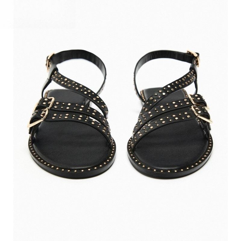 Franse retro gladiatorsandalen (boterzachte leren bandjes - open teen met gesp met studs en enkelband, platte zool voor zomer en boho-stijl)_voghion.com