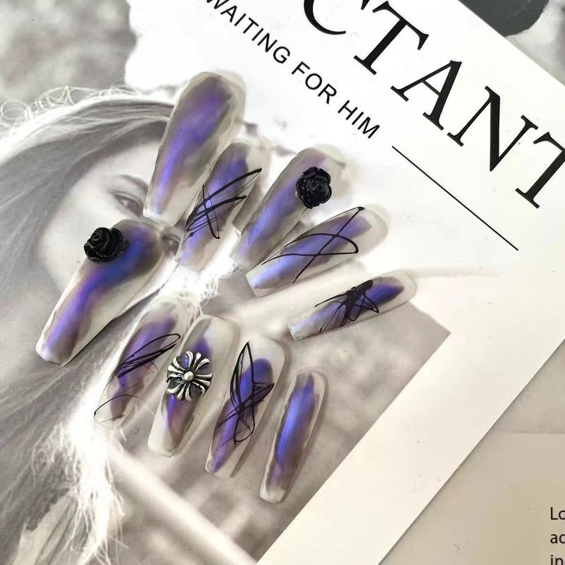 Patch Wear Manicure Wear Nail  Handmade Wearing A Dark Ethereal Style Finished Nail Art With Black And Blue Aurora _voghion.com