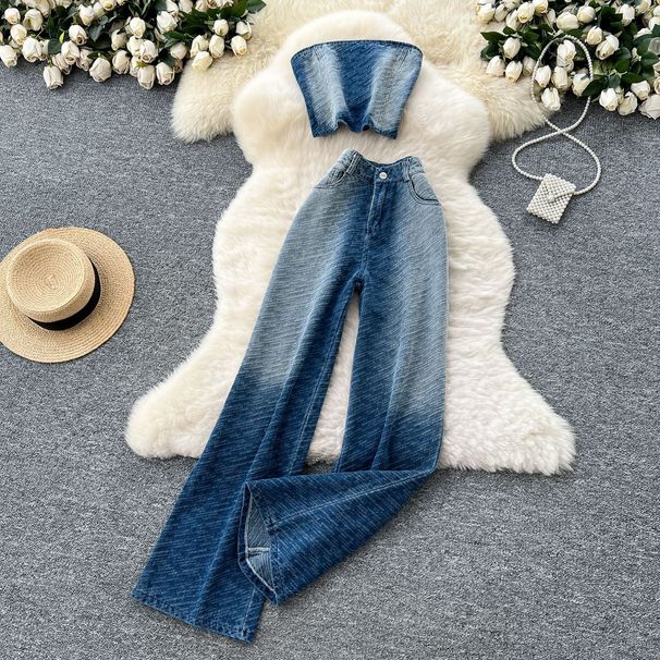 Damenbekleidung, Freizeitanzug für Damen im Sommer, hochwertige, ärmellose Weste mit Farbverlauf, gerade Jeanshose mit hoher Taille und weitem Bein_voghion.com