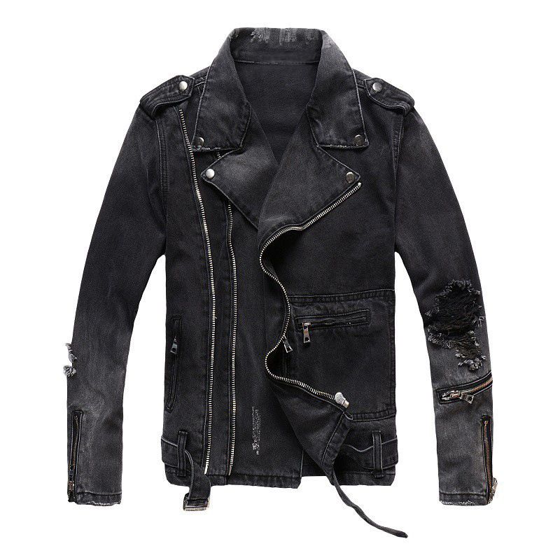 Giacca da motociclista in stile punk da uomo, giacca da uomo in denim nero slim versatile casual strappato, per giovani, autunno e inverno 403_voghion.com