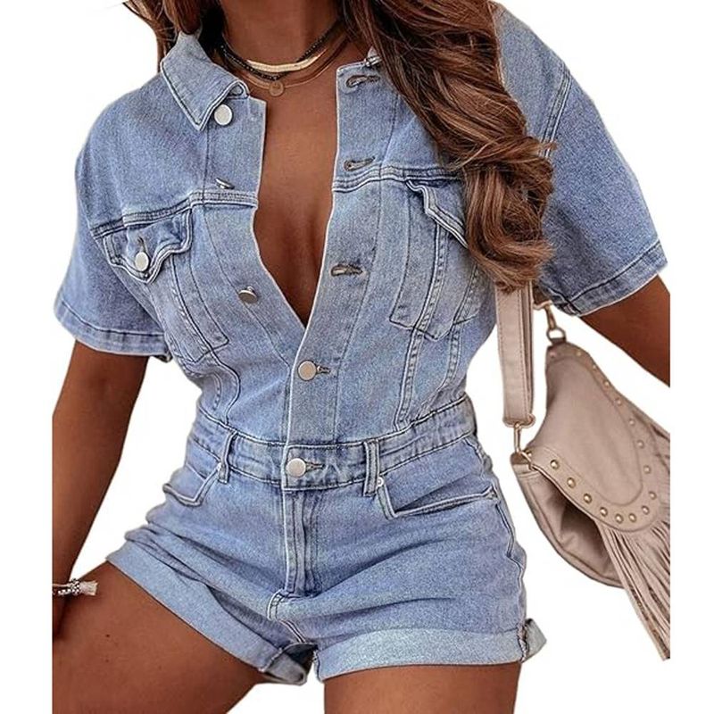 Women's Loose Vintage Worn Short Denim Jumpsuit Short Sleeve Button Down Jeans Jumpsuit_voghion.com