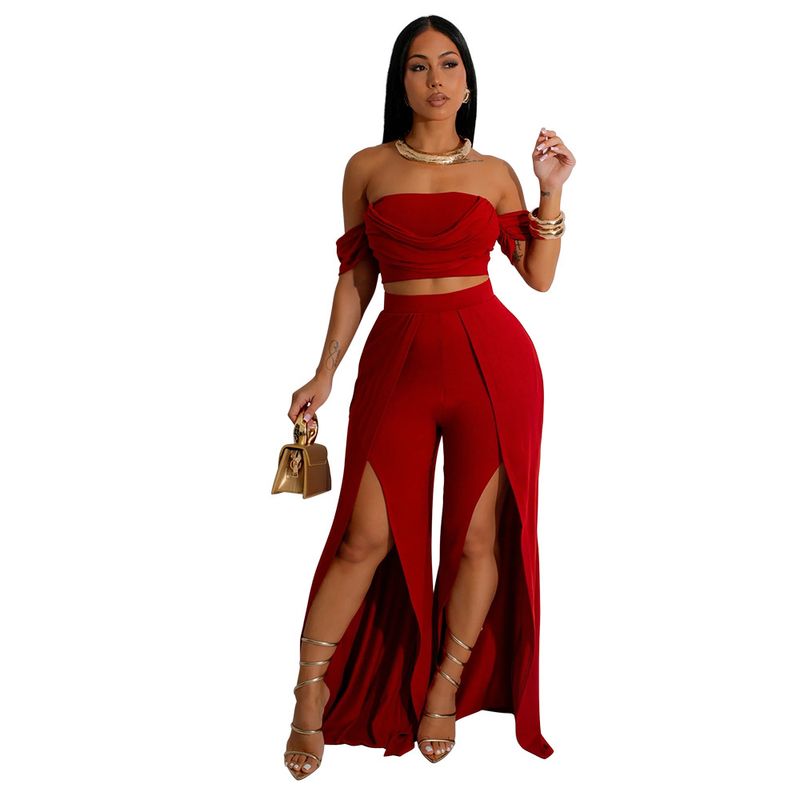 Damenbekleidung, lässiger Anzug, Tube-Top, geteilte Hose mit weitem Bein_voghion.com