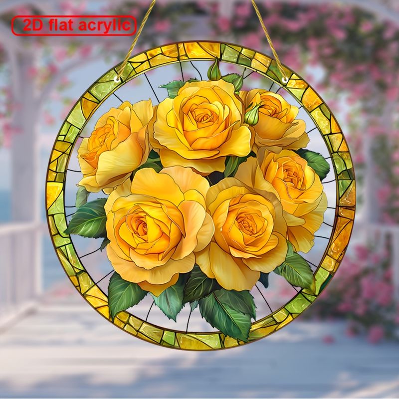 Acchiappasole Golden Rose - Arte in acrilico colorato da 8". Decorazione floreale primaverile per ingressi di case coloniche o regalo prezioso per donne._voghion.com