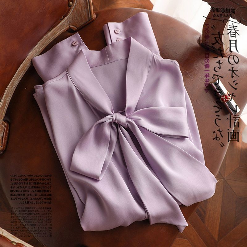 Senso del colore di alto livello, bella camicia elastica in seta doppia Qiao da donna, nuovo top per l'inizio dell'autunno 2024 per le donne_voghion.com