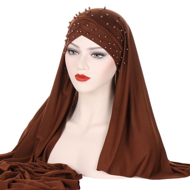 Damenhüte Neuer einfarbiger Baotou-Schal und Mütze aus Milchseide mit Kreuzperlen, zweiteiliger Hijab mit modischem Aufnäher für Damen_voghion.com