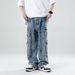 Calça Jeans Cargo Masculina High Street - Calça jeans retrô com vários bolsos, estilo descolado, corte reto e tecido de poliéster confortável._voghion.com