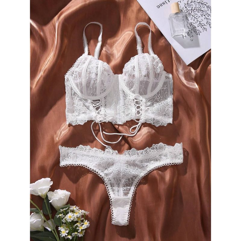 European And American French Style White Pure Desire Embroidered Vest Fishbone Body Shaping Bra Sexy Bra Thong Underwear Set_voghion.com