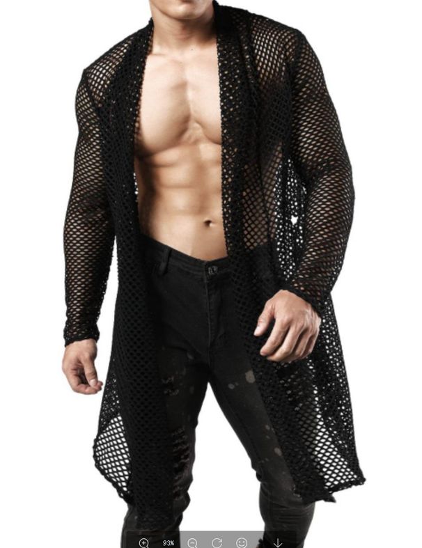 Cardigan lungo con cappuccio e maniche lunghe in maglia trasparente, taglie forti, da uomo_voghion.com