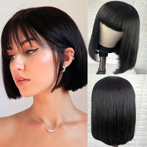 180% Density Human Hair Wig Straight BOB Wig With Bangs For Daily Use_voghion.com