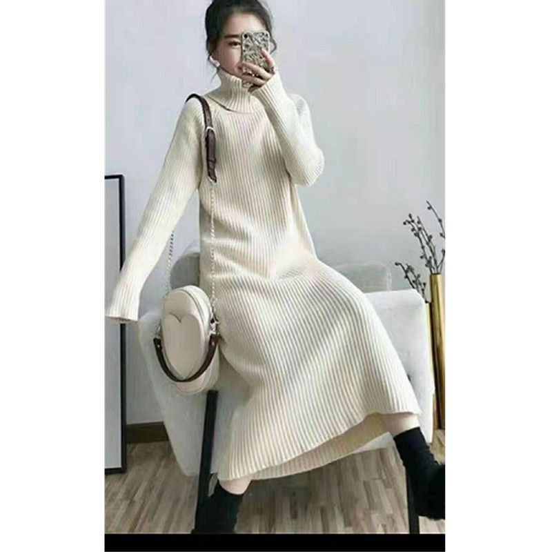 Robe pull élégante en maille oversize à col montant et manches longues pour femme (noir, camel, gris clair, gris foncé, crème)_voghion.com