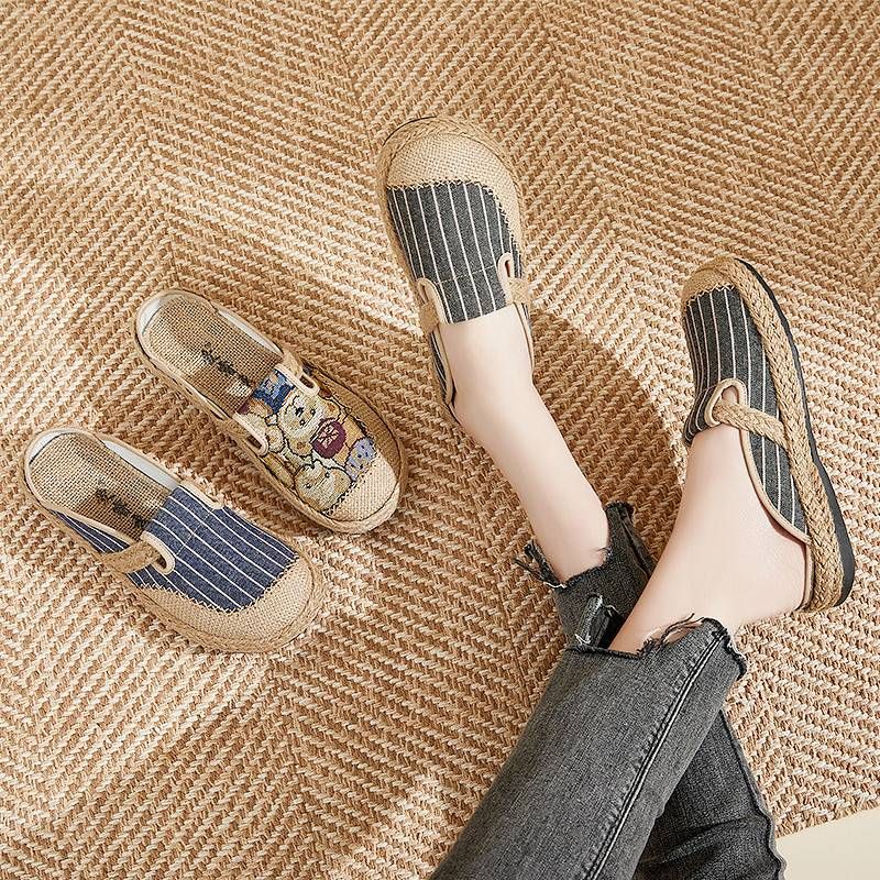 2024 New Linen Grass Weaving Casual Shoes, Shallow Mouth Student Forest Series Single Shoes, Ethnic Style Embroidered Shoes for Women_voghion.com