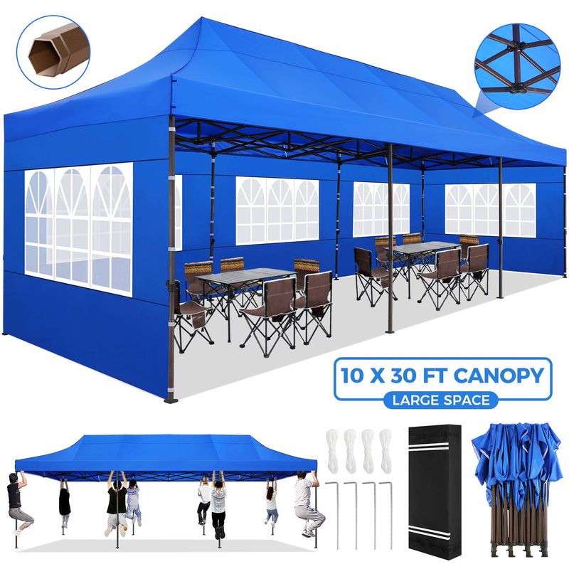 Heavy Duty 10x30 Party Tent, Commercial Pop Up Canopy For Parties Waterproof Gazebos With 8 IdewallsS, All Season Wind & Waterproof UPF50+_voghion.com