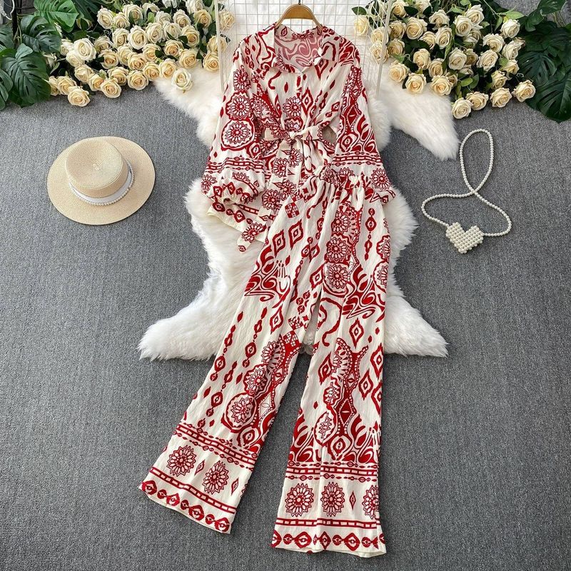 Women's Clothing Retro Style Printed Lantern Sleeve Sun Protection Shirt Lapel Waisted Top High Waist Slim Wide Leg Pants Set_voghion.com