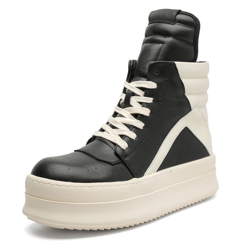 Inverted Triangular Thick Baseplate Shoes Men's Black And White Leather Dark High Street Couple Tide Shoes_voghion.com