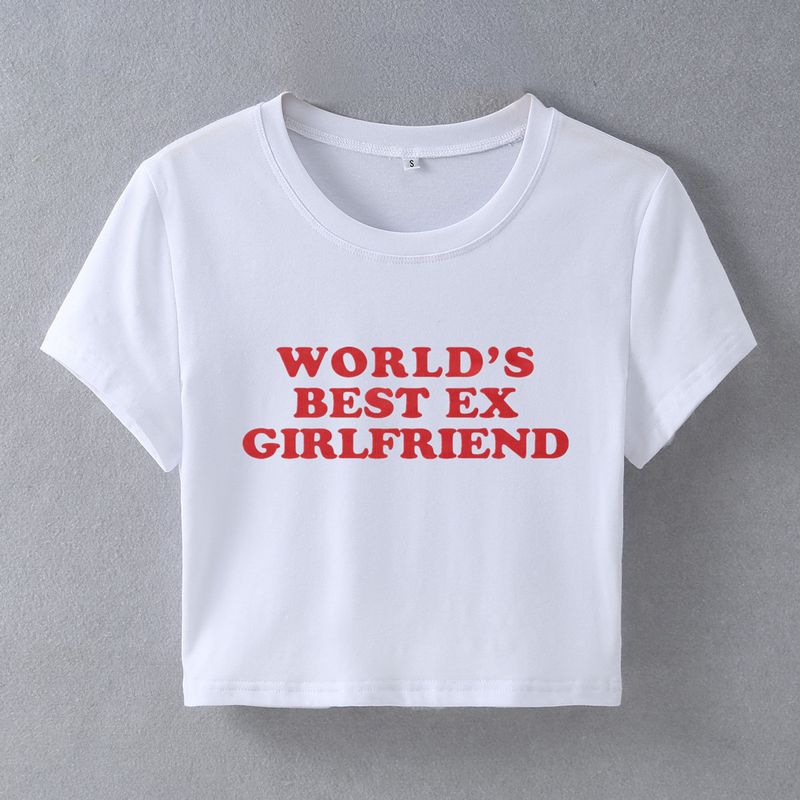Maglietta corta da donna alla moda con stampa di lettere - Miscela di poliestere e spandex elasticizzato, manica corta, streetwear sexy_voghion.com