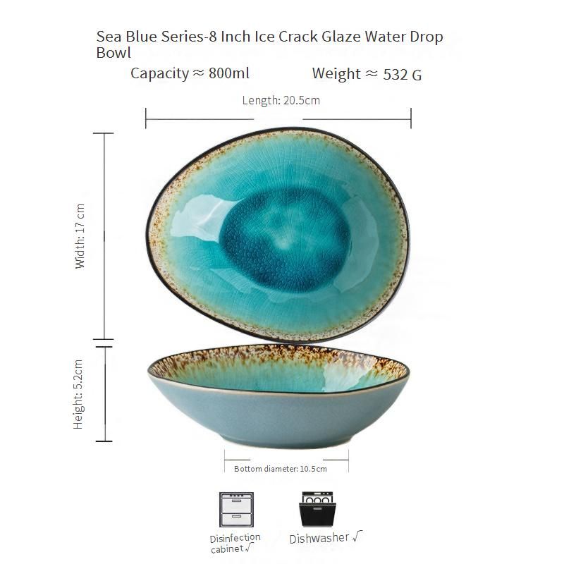 Handcrafted Crackle Glaze Ceramic Bowl - 8 Inch Irregular-Shaped Waterdrop Salad Bowl, Ocean Blue Crackle Finish, Light Luxury Retro Style For Dining_voghion.com