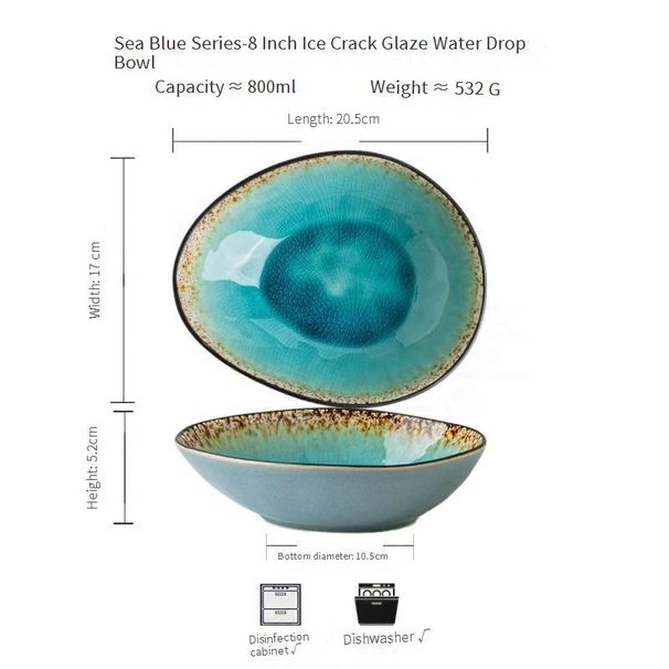 Handcrafted Crackle Glaze Ceramic Bowl - 8 Inch Irregular-Shaped Waterdrop Salad Bowl, Ocean Blue Crackle Finish, Light Luxury Retro Style For Dining_voghion.com