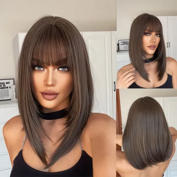 Heißer verkauf Gerade Schwarz Bob Synthetik mit Pony Mittel Lange Cosplay Layered Perücken für Frau Natürliches Haar Täglichen Perücke Hitze Beständig_voghion.com