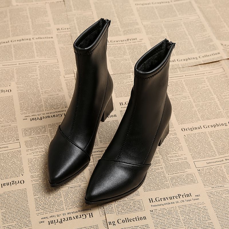Botas ajustadas de estilo occidental francés con punta puntiaguda y tacón grueso para otoño e invierno_voghion.com
