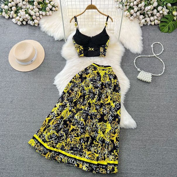 Women's contrast color camisole vest two-piece suit high waist slimming mid-length letter print skirt_voghion.com