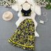 Women's contrast color camisole vest two-piece suit high waist slimming mid-length letter print skirt_voghion.com