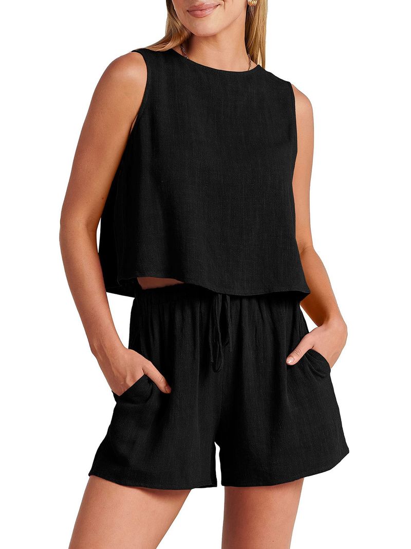 Women's fashion summer Europe and the United States new women's casual sleeveless solid color loose cotton and linen shorts two-piece set_voghion.com
