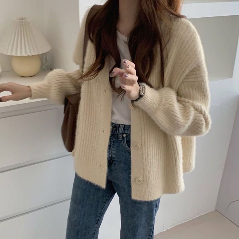 Cappotto versatile in velluto di visone con scollo a V da donna, cardigan lavorato a maglia morbido e ampio per autunno e inverno_voghion.com