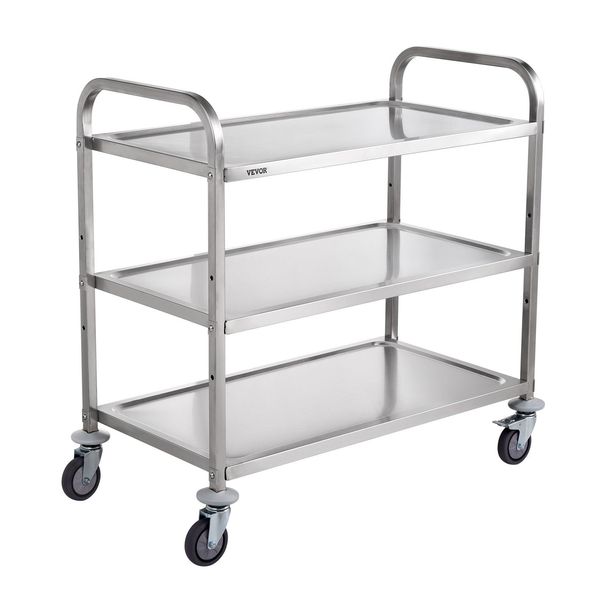 VEVOR Kitchen Utility Cart, 3 Tiers, Wire Rolling Cart w/ 450LBS Capacity, Steel Service Cart on Wheels, Metal Storage Trolley w/ 80mm Basket Curved H_voghion.com