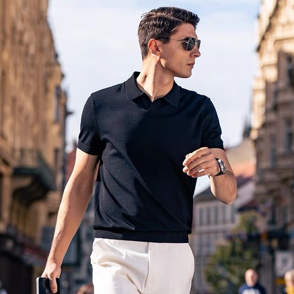 Herrenbekleidung Poloshirt V-Ausschnitt Kurzarm Strickpullover Herren Möwenkragen Sommer Eisseide_voghion.com