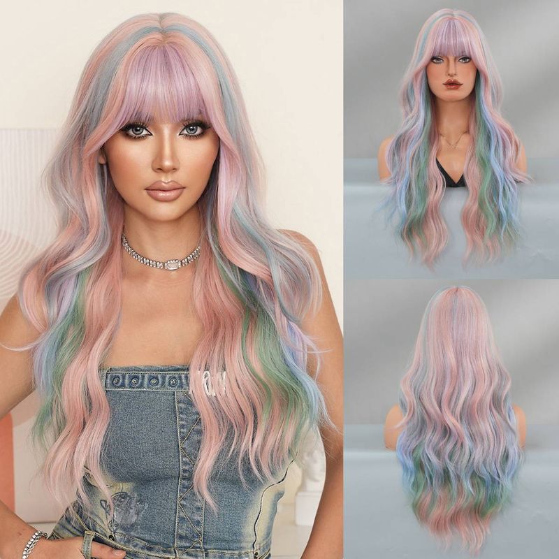 Parrucca da donna con capelli lunghi, colore arcobaleno, capelli lunghi e ricci, parrucca con copricapo completo e onda grande_voghion.com